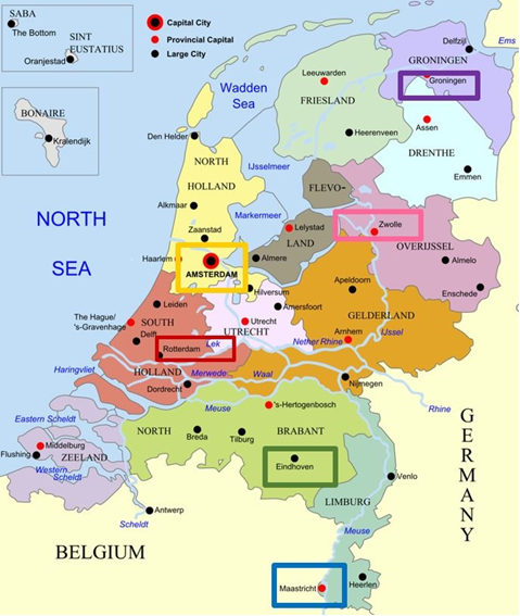AMSTERDAM (NoordHolland) GRONINGEN (Groningen-Friesland-Drenthe) ROTTERDAM (Zuid Holland – Zeeland) EINDHOVEN (Noord Brabant) MAASTRICHT (Limburg) ZWOLLE (Overijssel – Flevoland)